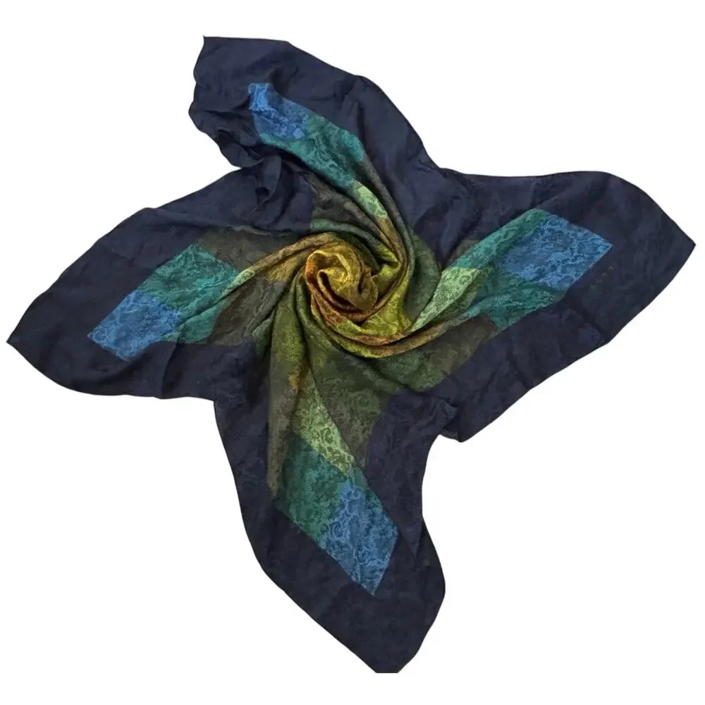 Echo Scarf VINTAGE 100% SILK Square Japan Blue Green Brown Squares Geometric 36”